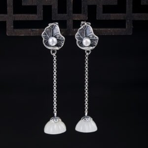 Lotus Leaf Pearl Hetian Jade Lotus Seedpod Earrings Female S925 Silver