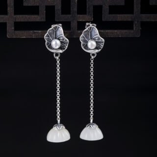 Lotus Leaf Pearl Hetian Jade Lotus Seedpod Earrings Female S925 Silver