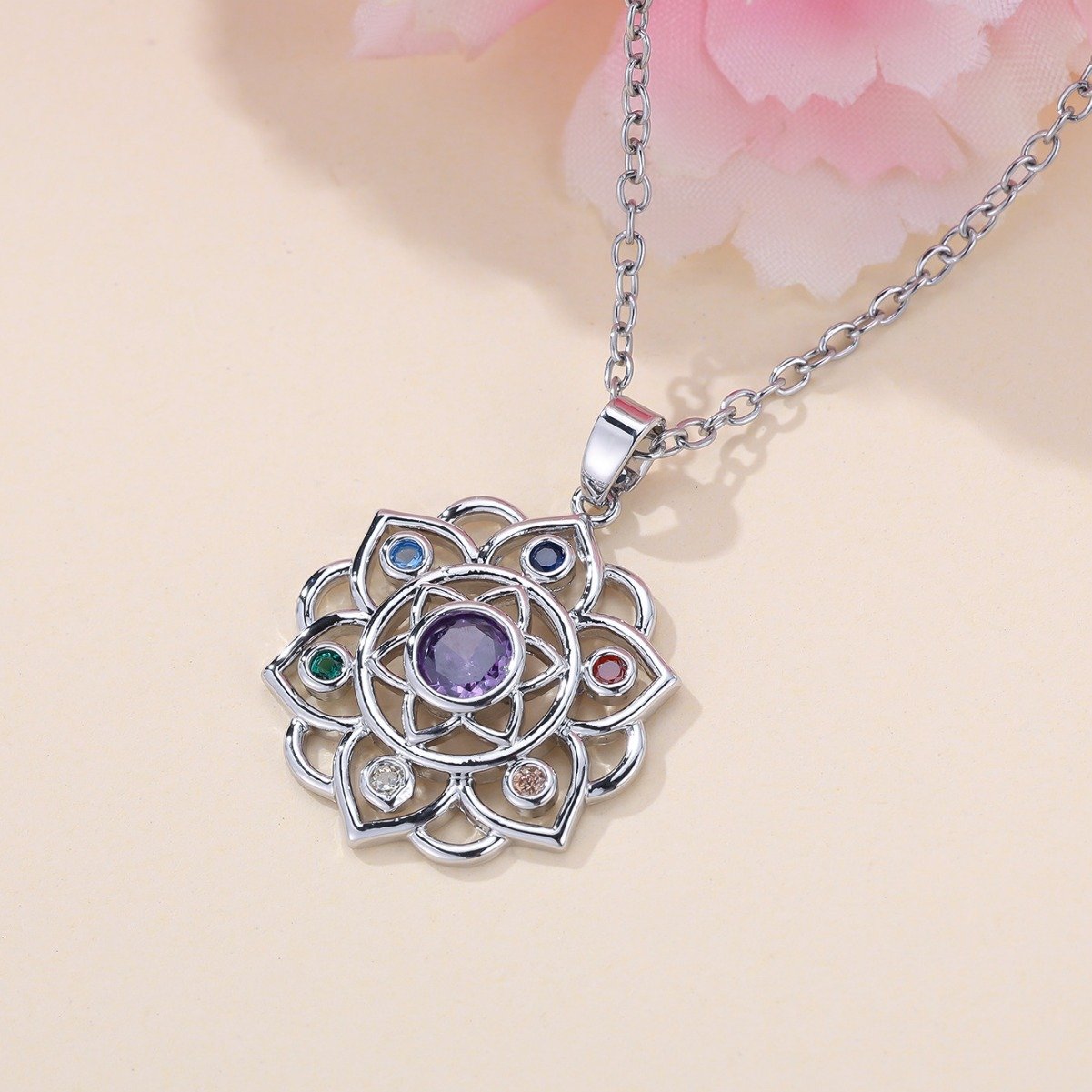 Round Purple Edge Colorful Lotus Necklace - Image 5