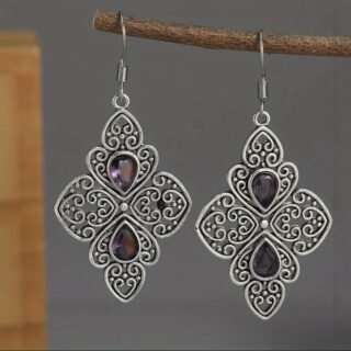 Metal Hollow Ancient Silver-plated Inlaid Purple Zircon Earrings