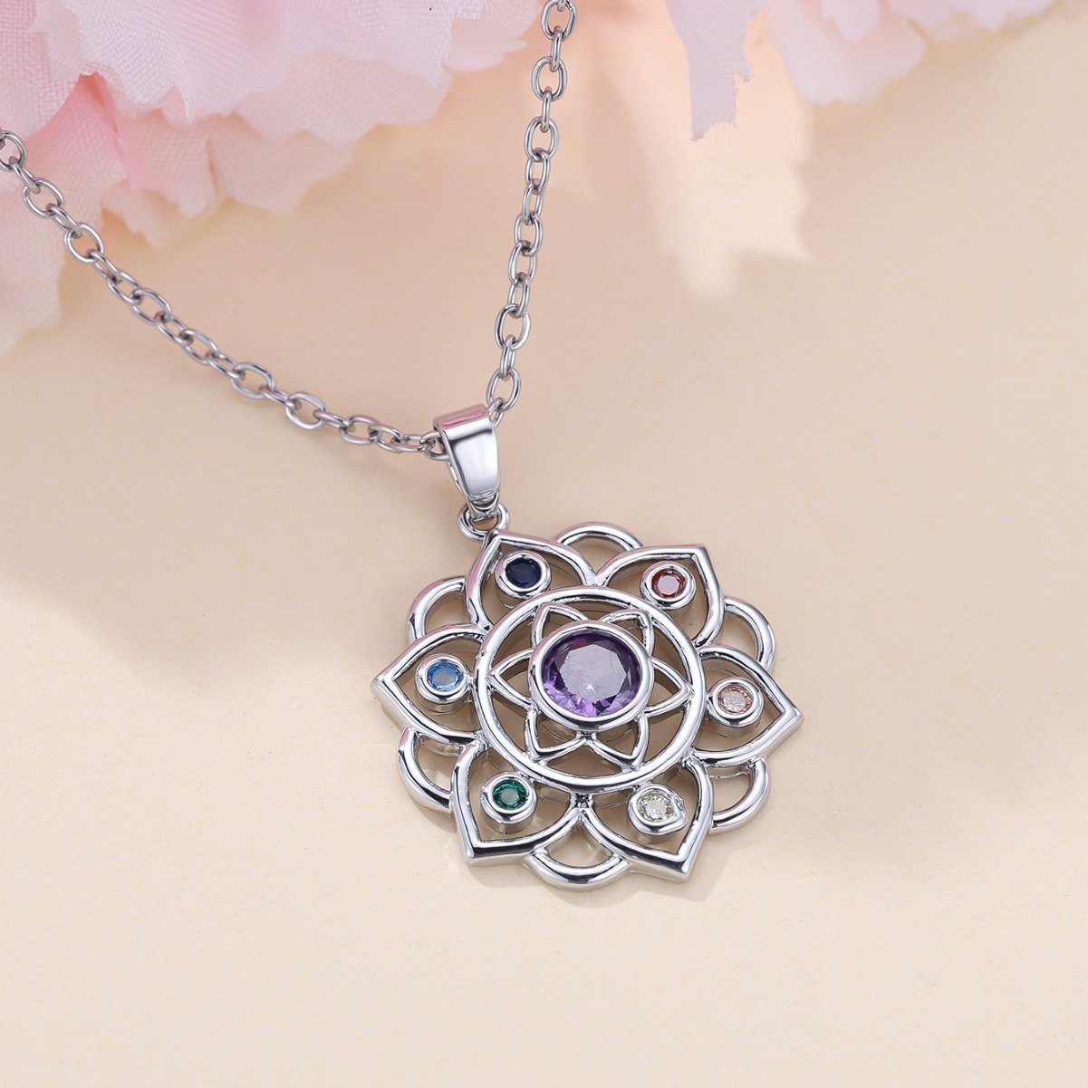Round Purple Edge Colorful Lotus Necklace - Image 3