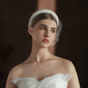 French Hepburn Style Bridal Veil White Vintage Beaded Large Meshed Net Mesh Headband
