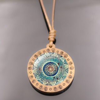 Mandala Flower Of Life Wood Pendant Brown Wax Rope Necklace