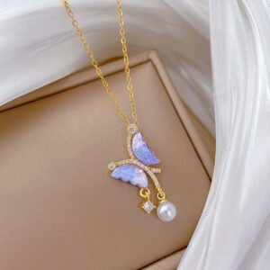 Blue Butterfly Pearl Full Diamond Necklace Women