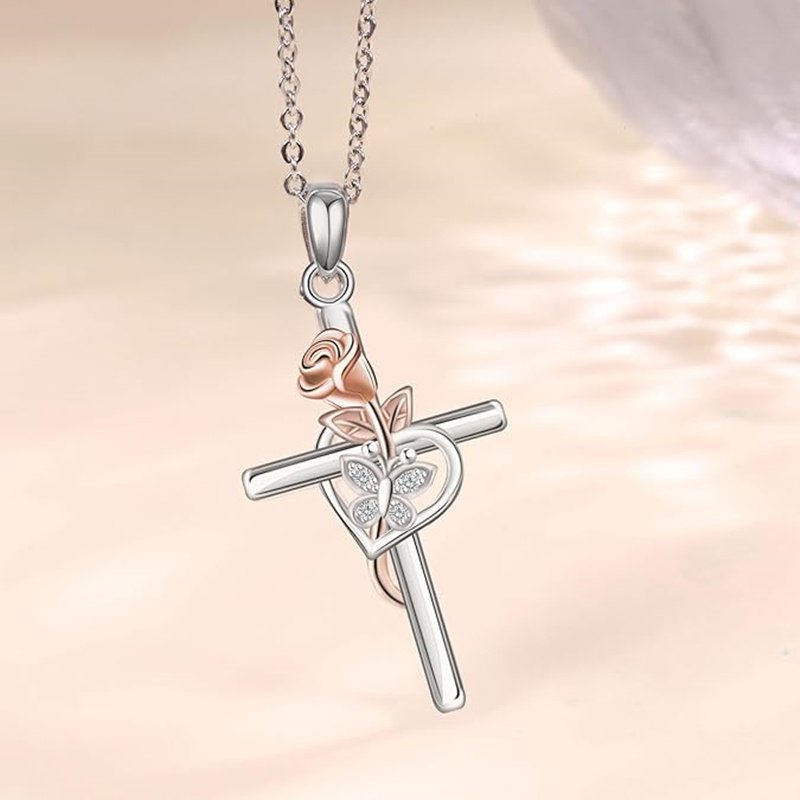 European And American S925 Sterling Silver Cross Rose Pendant Clavicle Chain