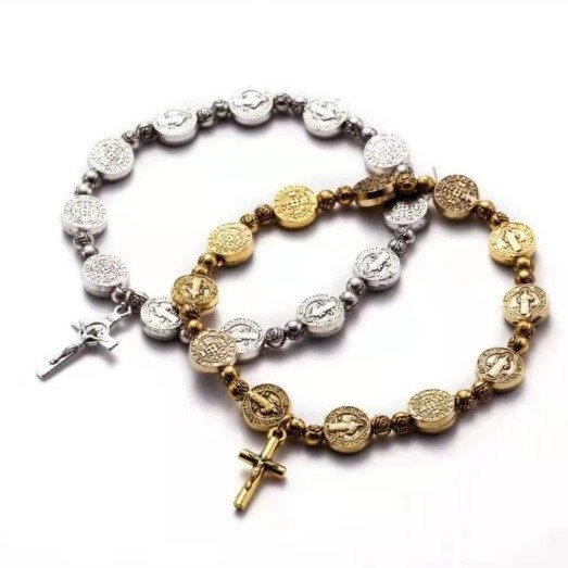 Gold And Silver 2 Color St Benedict Drive Mo Cross Bracelet