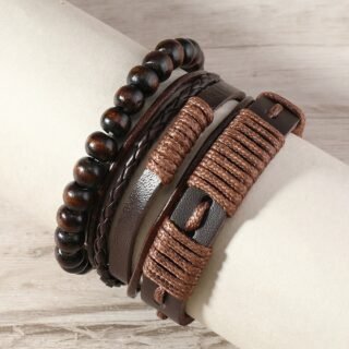 Simple Material Wax Rope PU Leather Bracelet 3 Pieces Suit