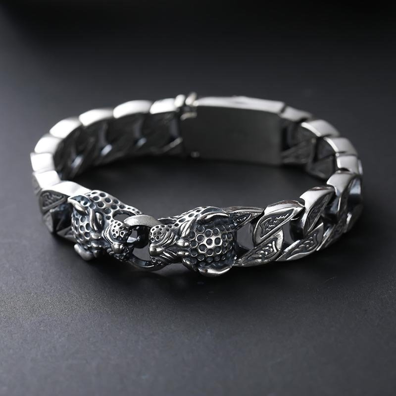 S925 Sterling Silver Leopard Head Bracelet Men's Retro Thick Style - Image 2