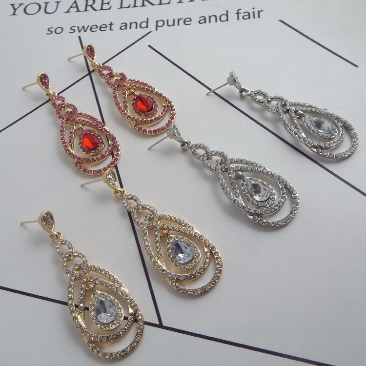 Qifu European And American Exaggerated Long Geometric Circle Jeweled Earrings - Image 2