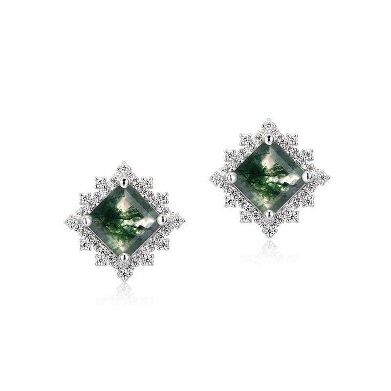 Light Luxury Green Moss Square Water Plants Agate Stud Earrings - Image 2