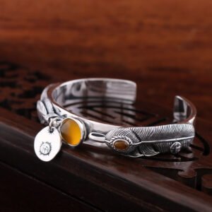S925 Sterling  Thai Handmade Silver Vintage Feather Topaz Bracelet