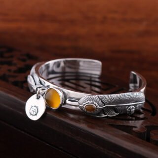 S925 Sterling  Thai Handmade Silver Vintage Feather Topaz Bracelet