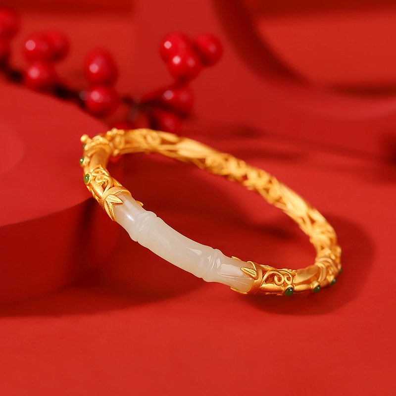 S925 Sterling Silver Gold-plated Hetian Jade Vintage Auspicious Clouds And Bamboo Leaves Hollow Bracelet - Image 5