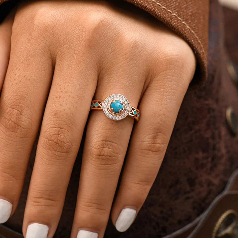 Women's Turquoise Ethnic Style Oil Micro Inlaid Zircon Ring